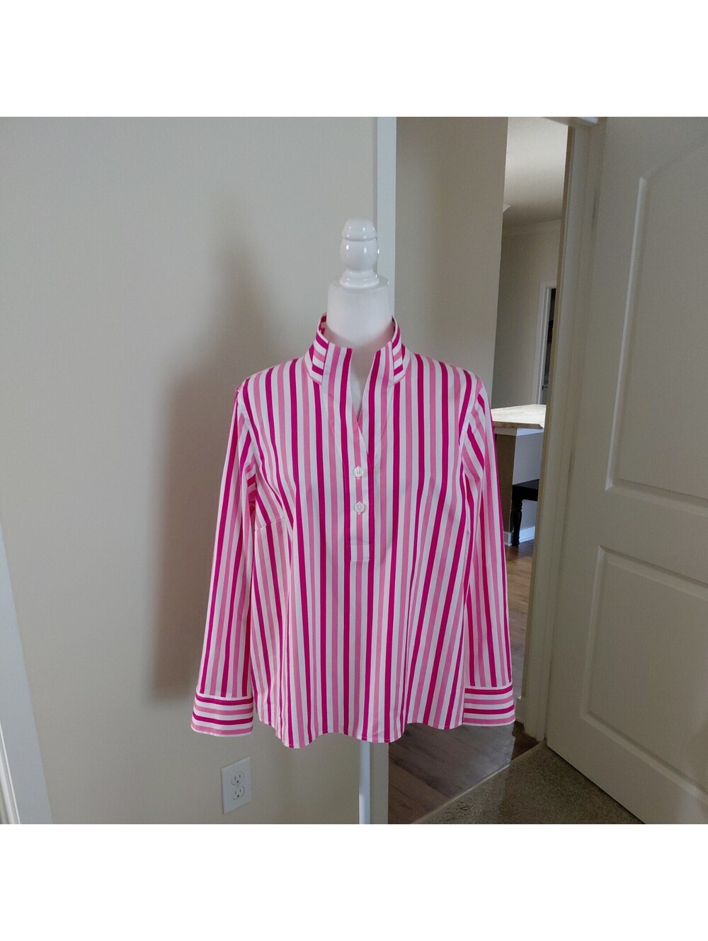 Talbots Womens Pink White Striped Collared Button Front Shirt L Cotton EUC #1050 - Picture 2 of 10